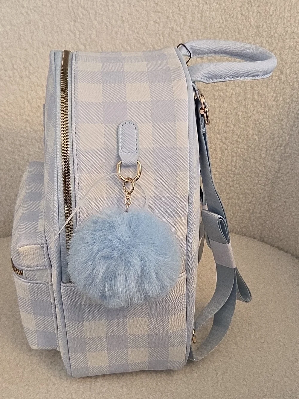 Light Blue Check Mini Backpack with Daisy Accent and Pom Charm